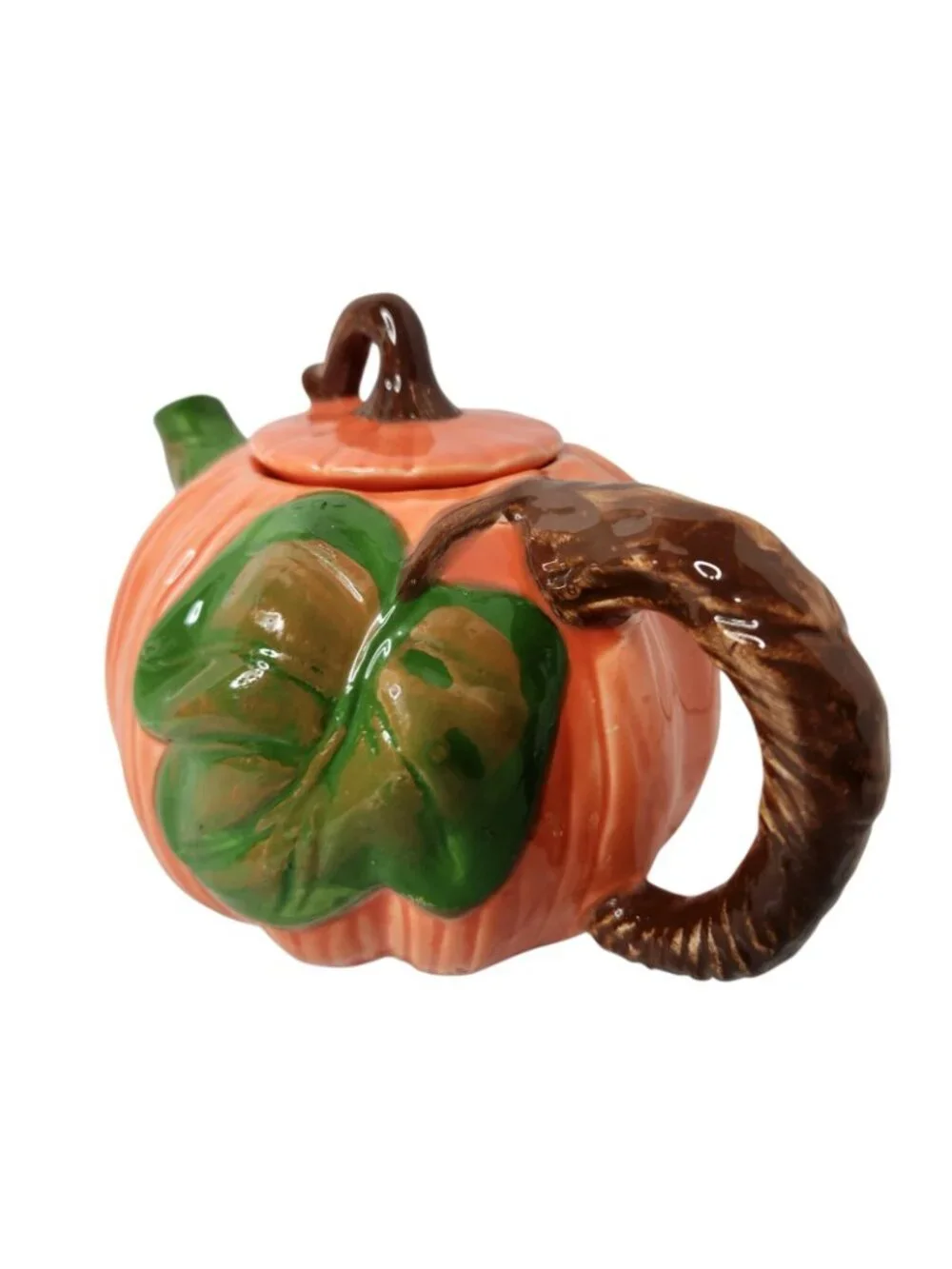 Vintage Autumn Orange Pumpkin Ceramic Teapot Lid Green Spout Brown Handle 5